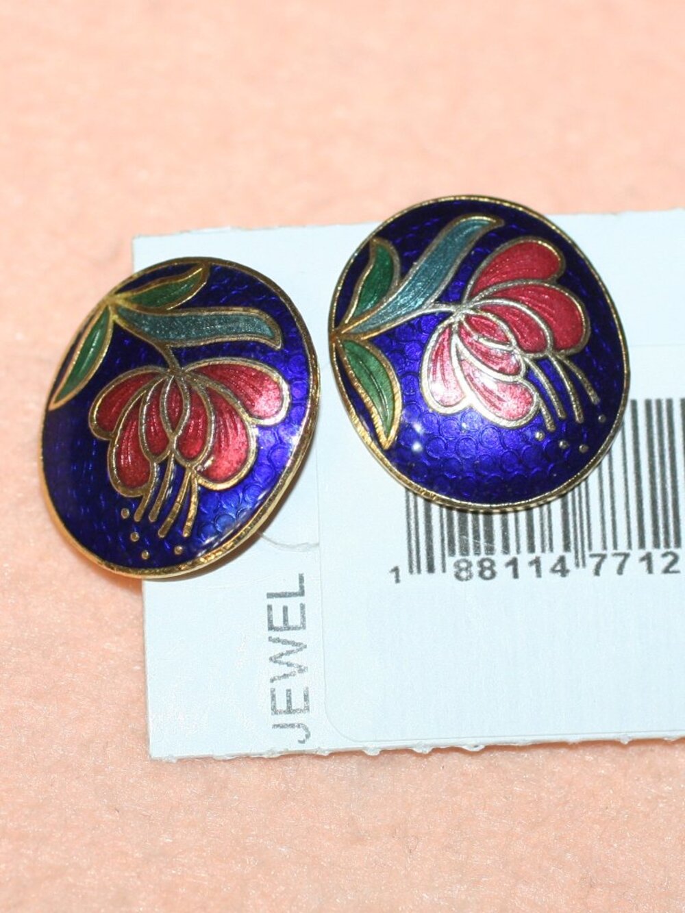 Vtg Flower Cloisonné Blue/Green/Red Enameled Round Earrings Costume
